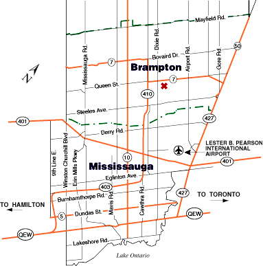Map of Brampton and Mississauga indicating Peel Headquarters