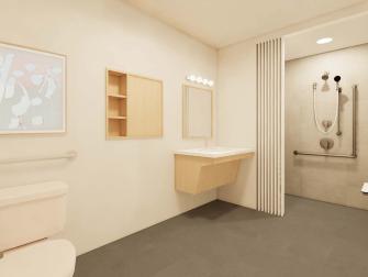 Rendering of accessible washroom in unit.