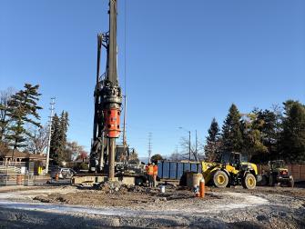 Drilling to install secant piles (concrete cylinders placed into the ground to provide ground support for our tunnel access points)