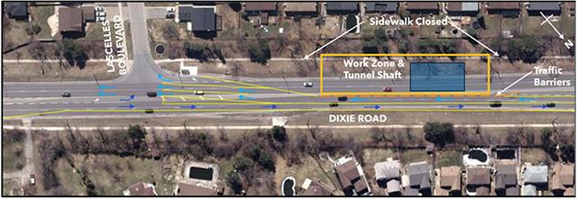 Shaft 9 – Work compound and traffic impacts on Dixie Road between Lascelles Boulevard and Williams Parkway