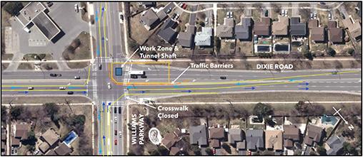 Shaft 9C – Work compound and traffic impacts on Dixie Road at Williams Parkway