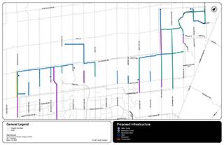 Map showing service areas in South Caledon with labelled streets and multiple coloured line segments representing proposed infrastructure work. Blue, green, purple, and orange lines indicate different types of infrastructure activities, as explained in the proposed infrastructure legend.