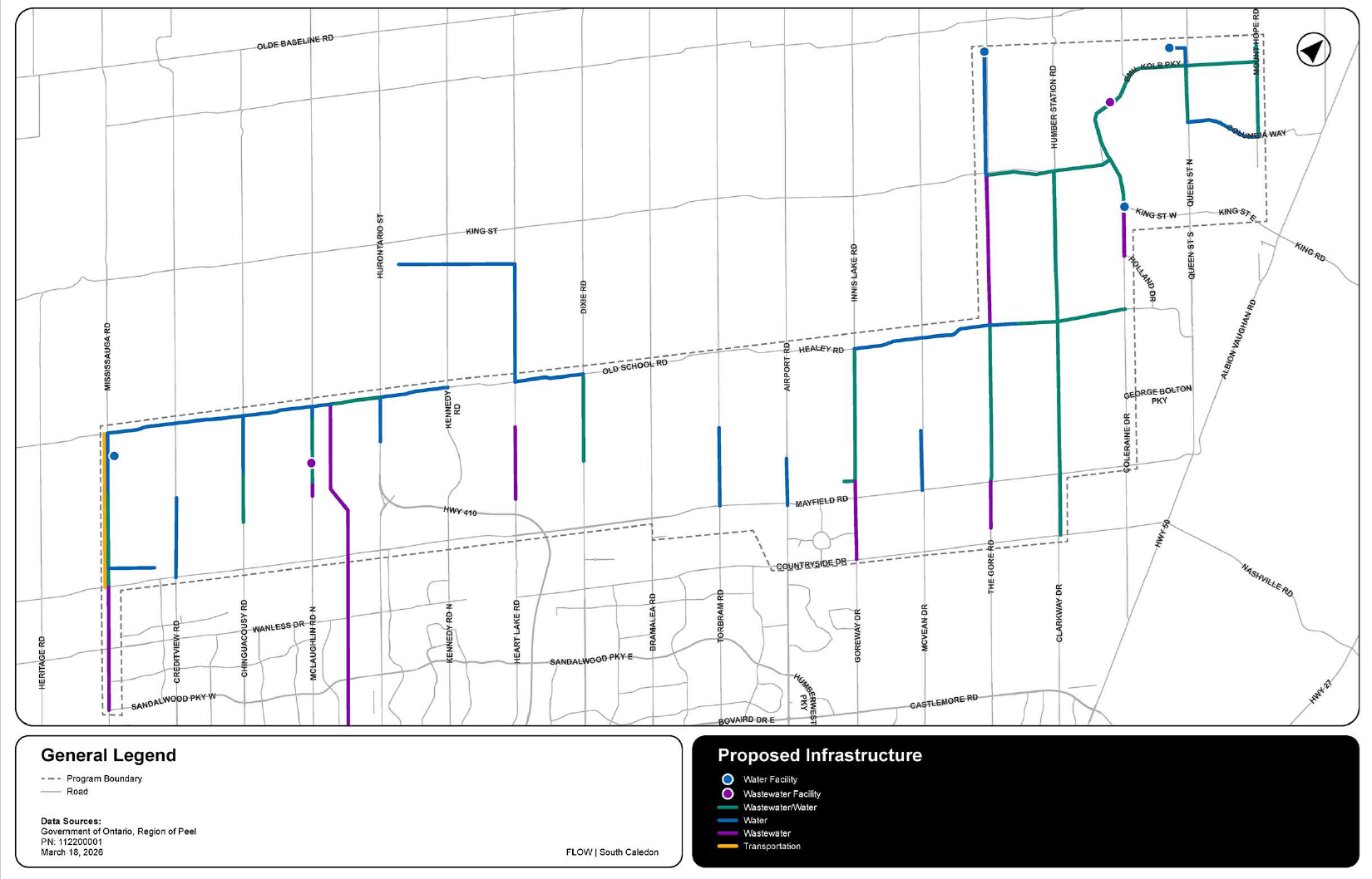Map showing service areas in South Caledon with labelled streets and multiple coloured line segments representing proposed infrastructure work. Blue, green, purple, and orange lines indicate different types of infrastructure activities, as explained in the proposed infrastructure legend.