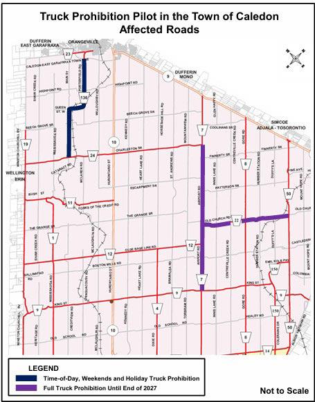This map shows the roads that have truck restrictions in the Town of Caledon: Porterfield Road, Old Church Road, and Airport Road between Charleston and King streets.